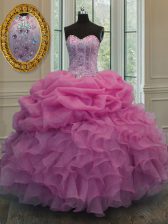 High Quality Rose Pink Organza Lace Up Sweetheart Sleeveless Floor Length Sweet 16 Quinceanera Dress Beading and Ruffles and Pick Ups