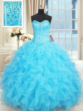 Ideal Ruffled Aqua Blue Sleeveless Organza Lace Up Sweet 16 Dresses for Military Ball and Sweet 16 and Quinceanera
