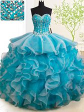  Sleeveless Organza With Brush Train Lace Up Quince Ball Gowns in Teal with Beading and Ruffles