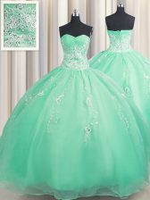 Clearance Turquoise Organza Zipper Sweetheart Sleeveless Floor Length Vestidos de Quinceanera Beading and Appliques