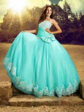 Admirable Floor Length Apple Green Sweet 16 Dress Tulle Sleeveless Beading and Lace and Bowknot