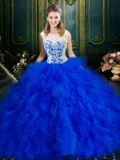 Noble Royal Blue Ball Gowns Tulle Scoop Sleeveless Lace and Ruffles Floor Length Zipper Sweet 16 Dresses