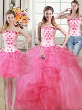  Three Piece Beading and Appliques and Ruffles Quinceanera Dress Hot Pink Lace Up Sleeveless Floor Length