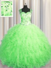 Fabulous See Through Zipper Up Tulle Zipper Straps Sleeveless Floor Length Quinceanera Dresses Beading and Ruffles