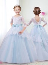 Super Scoop Half Sleeves With Train Lace and Bowknot Lace Up Flower Girl Dress with Light Blue Brush Train