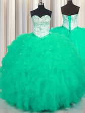 Fine Turquoise Sleeveless Beading and Ruffles Floor Length Quince Ball Gowns