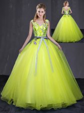 Luxury Sleeveless Lace Up Floor Length Appliques and Belt Sweet 16 Quinceanera Dress