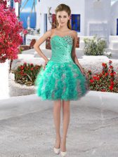 Sophisticated Turquoise Sleeveless Mini Length Beading and Ruffles Lace Up Prom Evening Gown
