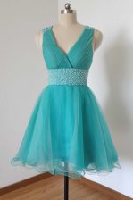  Knee Length Aqua Blue Prom Party Dress Tulle Sleeveless Beading