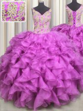  Fuchsia Ball Gowns V-neck Sleeveless Organza Floor Length Lace Up Beading and Ruffles Sweet 16 Dresses