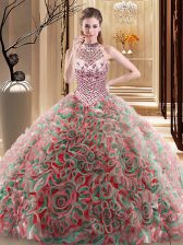  Halter Top Sleeveless Brush Train Lace Up With Train Beading Quinceanera Gown
