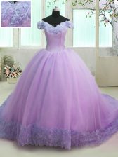  Off the Shoulder With Train Ball Gowns Short Sleeves Lilac Sweet 16 Dress Court Train Lace Up