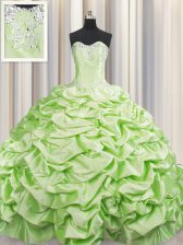  Brush Train Yellow Green Sweet 16 Dress Military Ball and Sweet 16 and Quinceanera with Beading and Pick Ups Sweetheart Sleeveless Sweep Train Lace Up