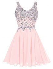  A-line Prom Party Dress Baby Pink Straps Chiffon Sleeveless Knee Length Zipper
