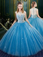  Blue Quince Ball Gowns Military Ball and Sweet 16 and Quinceanera with Lace High-neck Sleeveless Zipper