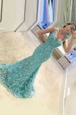 Sophisticated Mermaid Turquoise Sleeveless Sweep Train Appliques With Train Evening Dress