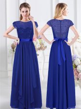 Royal Blue Chiffon Zipper Scoop Short Sleeves Floor Length Vestidos de Damas Lace and Belt