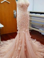 Discount Baby Pink Mermaid Tulle Sweetheart Sleeveless Appliques With Train Zipper Homecoming Dress Chapel Train