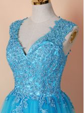  V-neck Sleeveless Prom Evening Gown Knee Length Beading and Appliques Blue Tulle