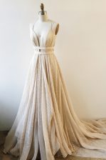  Champagne A-line Lace V-neck Sleeveless Lace and Sashes ribbons With Train Backless Dress for Prom Court Train