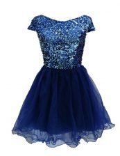 Fashionable Sequins Navy Blue Cap Sleeves Chiffon Zipper Homecoming Dress for Prom and Party