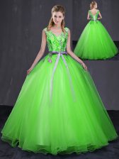 Charming Sleeveless Floor Length Appliques and Belt Lace Up 15 Quinceanera Dress