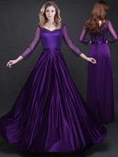  Purple Lace Up Appliques and Belt Evening Dress Long Sleeves