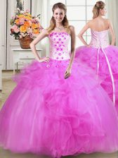 Captivating Tulle Strapless Sleeveless Lace Up Beading and Appliques and Embroidery Sweet 16 Dresses in Fuchsia