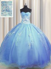 Stunning Zipper Up Sleeveless Floor Length Beading and Appliques Zipper Ball Gown Prom Dress with Blue