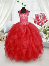 Trendy Halter Top Floor Length Ball Gowns Sleeveless Red Custom Made Lace Up