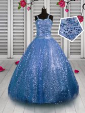 Custom Fit Baby Blue Sleeveless Sequins Floor Length Teens Party Dress
