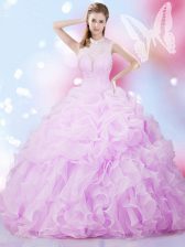 Organza High-neck Sleeveless Lace Up Beading and Ruffles and Pick Ups Quinceanera Gown in Lilac
