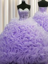 Romantic Rolling Flowers Brush Train Lavender Sleeveless Beading and Pick Ups Lace Up Quinceanera Dress