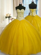  Gold Ball Gowns Beading and Sequins Quince Ball Gowns Lace Up Tulle Sleeveless Floor Length