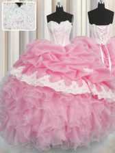  Pick Ups Floor Length Rose Pink Sweet 16 Quinceanera Dress Sweetheart Sleeveless Lace Up