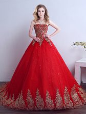 Most Popular Strapless Sleeveless Quinceanera Gown Court Train Appliques and Sequins Red Tulle
