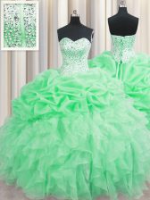 Noble Visible Boning Apple Green Ball Gowns Sweetheart Sleeveless Organza Floor Length Lace Up Beading and Ruffles and Pick Ups Ball Gown Prom Dress
