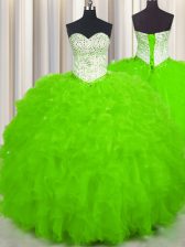 Hot Selling Floor Length Quince Ball Gowns Tulle Sleeveless Beading and Ruffles