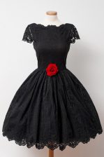 Suitable Black Backless Bateau Hand Made Flower Evening Dress Lace Cap Sleeves