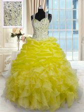  Yellow Ball Gowns Organza Straps Sleeveless Beading and Ruffles Floor Length Zipper Quinceanera Dresses