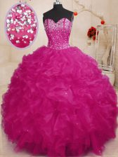 Decent Fuchsia Lace Up Sweet 16 Dresses Beading and Ruffles Sleeveless Floor Length