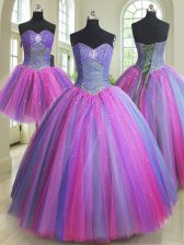 Three Piece Floor Length Multi-color Ball Gown Prom Dress Tulle Sleeveless Beading