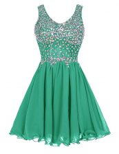 Modest Green A-line Straps Sleeveless Chiffon Knee Length Zipper Beading Prom Gown
