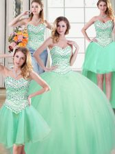 Romantic Four Piece Sleeveless Lace Up Floor Length Beading 15th Birthday Dress