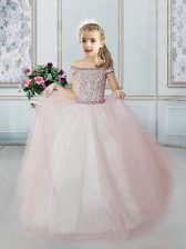  Off The Shoulder Cap Sleeves Party Dress Wholesale Floor Length Beading Pink Tulle