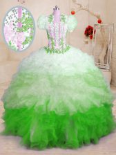 Best Multi-color Lace Up Sweetheart Beading and Appliques and Ruffles Quinceanera Gown Organza Sleeveless Brush Train