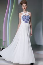 Captivating Halter Top Sleeveless Homecoming Dress Floor Length Beading and Embroidery White Chiffon