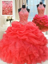  Three Piece Red Lace Up Quinceanera Gowns Beading and Pick Ups Sleeveless Floor Length