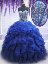  Royal Blue Ball Gowns Organza Sweetheart Sleeveless Beading and Ruffles Floor Length Lace Up Quinceanera Gown