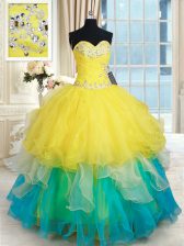 Artistic Multi-color Organza Lace Up Sweetheart Sleeveless Floor Length 15th Birthday Dress Beading and Ruffles